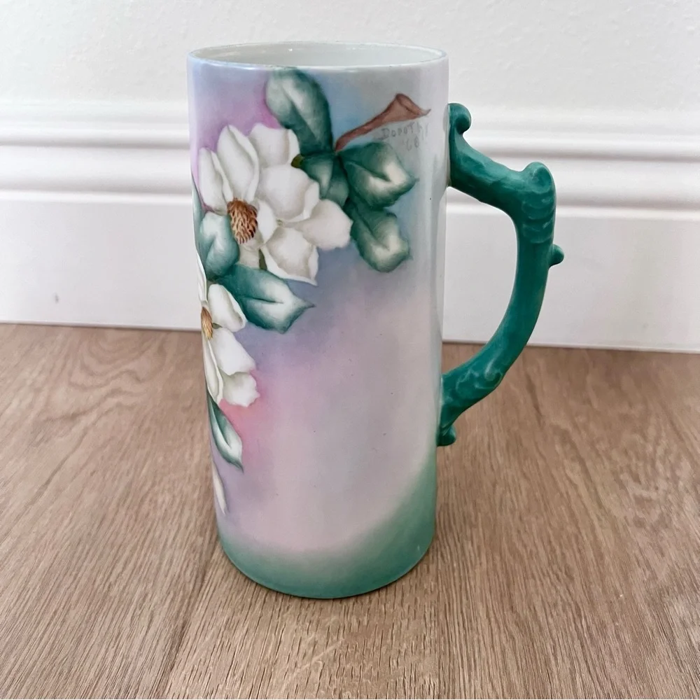 7” Hand Painted Flowers Pitcher Tankard Signed By Artist Dorothy Gunningham 1968